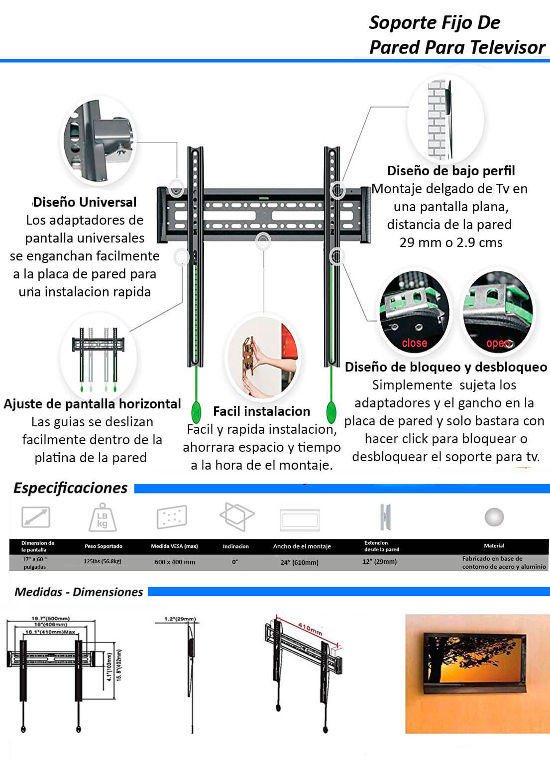 ficha tecnica soporte fijo para tv