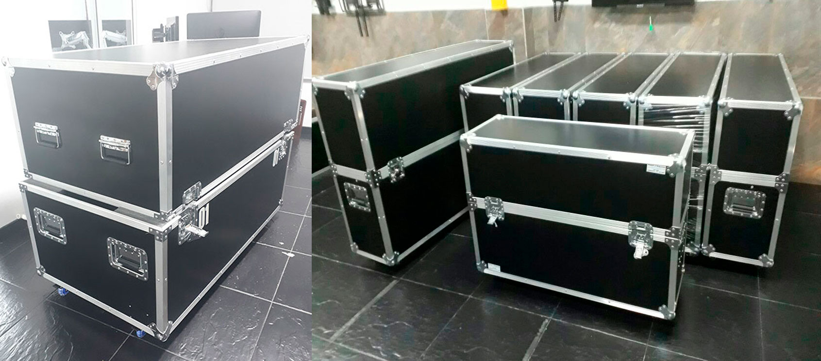 Estuche tipo flightcase para transportar pantallas de tv